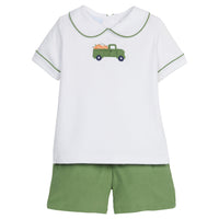 Little English traditional clothing, peter pan short set with green piping and shorts, truck with pumpkin applique on chest