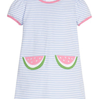 Little English classic T-shirt dress in light blue stripe with watermelon applique pockets, for little girl