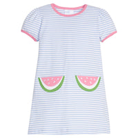 Little English classic T-shirt dress in light blue stripe with watermelon applique pockets, for little girl