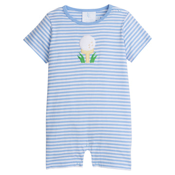 Little English classic children's clothing boy's light blue striped romper with applique golf ball on a yellow tee, playsuit for Spring