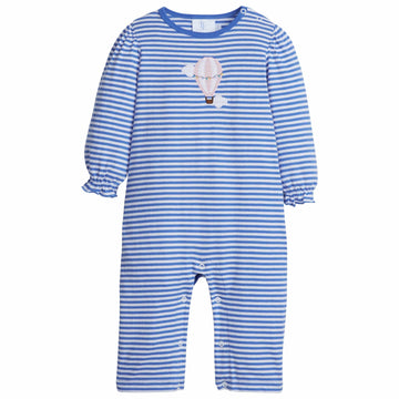 little english classic childrens clothing girls blue striped romper with pink applique hot air balloon