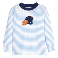 Little English classic childrens clothing. Light blue and white stripe knit long sleeve t-shirt with football and helmet applique for little boys.