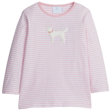 little english classic childrens clothing girls long sleeved pink striped t-shirt with applique lab