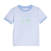 Little English traditional children's clothing. Boy's classic light blue and white striped knit t-shirt with golf cart applique