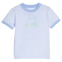 Little English traditional children's clothing. Boy's classic light blue and white striped knit t-shirt with golf cart applique