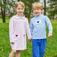 Little english traditional children's clothing, Evelyn dress in light pink and white stripe with love letter applique for little girl