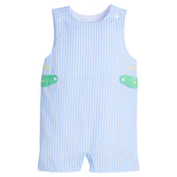 Little English traditional children's clothing. Toddler boy's light blue and white gingham john john with golf applique for Spring
