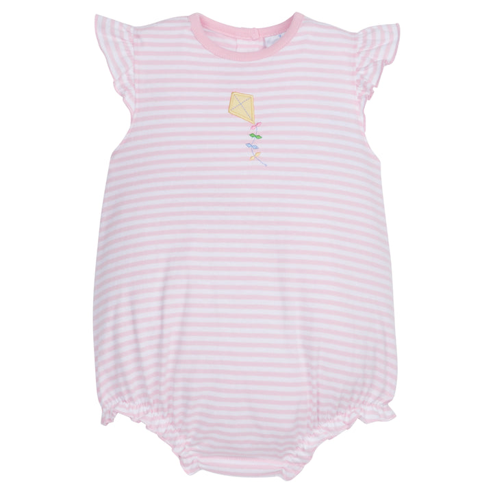 Little English classic children’s clothing, baby girl's light pink striped bubble with ruffle sleeves and a yellow applique kite