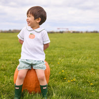 Little English classic short set for little boys. White knit peter pan shirt with applique pumpkin at the center and coordinating banded shorts in green Leland Plaid.