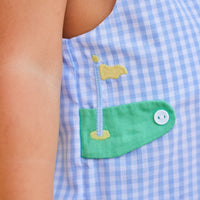 Little English traditional children's clothing. Toddler boy's light blue and white gingham john john with golf applique for Spring