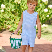Little English traditional children's clothing. Toddler boy's light blue and white gingham john john with golf applique for Spring