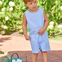Little English traditional children's clothing. Toddler boy's light blue and white gingham john john with golf applique for Spring