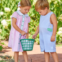 Little English traditional children's clothing, applique golf outfits on gingham for toddler for spring
