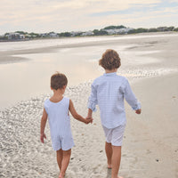 Little English traditional children's clothing. Mandarin collar button down shirt for boys with light blue and white stripes