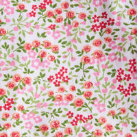 Little English traditional children's clothing. Pink, green, and orange Autumn Grove Floral fabric swatch