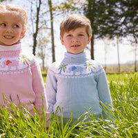 Little English classic childrens clothing toddler boys light blue knit fair isle sweater with elephant and palm tree motifs