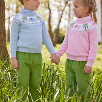 Little English classic childrens clothing toddler boys light blue knit fair isle sweater with elephant and palm tree motifs