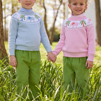 Little English classic childrens clothing toddler boys light blue knit fair isle sweater with elephant and palm tree motifs