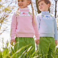 Little English classic childrens clothing toddler boys light blue knit fair isle sweater with elephant and palm tree motifs