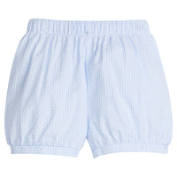 Little English traditional children's clothing. Toddler boy's light blue and white check seersucker banded short for Spring