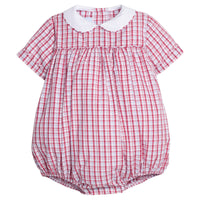 little english classic children's clothes, red, white, and light blue plaid bubble with peter pan collar for baby boys