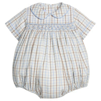 Little English traditional children's clothing. Baby boy's blue and tan plaid smocked peter pan bubble for Fall
