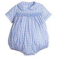 Little English classic kids clothing. Blue and white plaid bubble with peter pan collar and smocking at the chest for baby boys