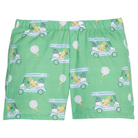 Little English traditional children's clothing. Boy's green twill shorts with golf cart print
