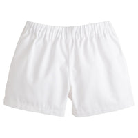 Little English traditional children's clothing, toddler boys elastic waist pull on white shorts, above the knee cut