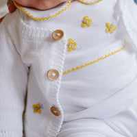 Little English traditional baby clothes, unisex signature white cardigan with crochet bees for baby boys and girls