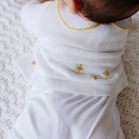 Little English traditional baby clothes, unisex signature white cardigan with crochet bees for baby boys and girls