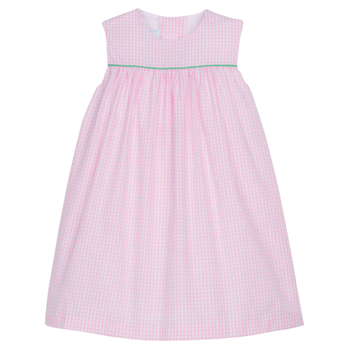 Little English classic children's clothing, light pink gingham and green sleeveless dress for girls for spring