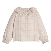 Little English traditional children's clothing. Long sleeve blouse in tan and blue Durham Windowpane with a ruffled collar and elastic ruffles at sleeves for girls
