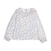 Little English traditional children's clothing. Long sleeve blouse in blue, tan, and cream Wisteria Floral with a ruffled collar and ruffled elastic sleeves for girls.