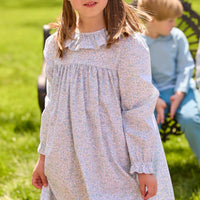 Little English traditional children's clothing. Long sleeve dress in aqua, blue, and green Waterbury Floral with ruffled collar for little girls