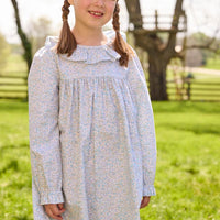 Little English traditional children's clothing. Long sleeve dress in aqua, blue, and green Waterbury Floral with ruffled collar for little girls