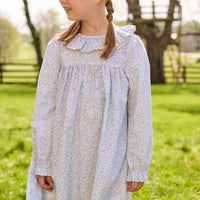 Little English traditional children's clothing. Long sleeve dress in aqua, blue, and green Waterbury Floral with ruffled collar for little girls