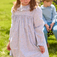 Little English traditional children's clothing. Long sleeve dress in aqua, blue, and green Waterbury Floral with ruffled collar for little girls