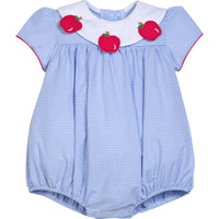 Little English traditional children's clothing. Short sleeve royal blue gingham bubble with white bib collar with applique apples for baby girls