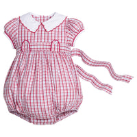 little english classic children's clothing girls red, white, and light blue plaid bubble with peter pan collar and bow in back for back to school