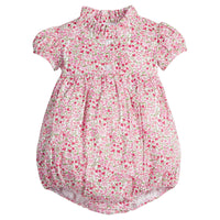 little english classic children's clothing, baby girls pink floral bubble with capped sleeves and ruffled placket for fall