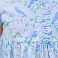 Little English traditional children's clothing. Light blue dress with blue bird and cherry blossom print for little girls