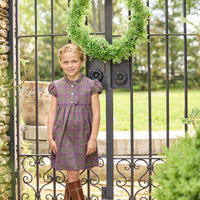 Little English traditional children's clothing. Capped sleeve dress in olive, maroon, and blue Thornhill Plaid with ruffled collar & placket for little girls