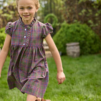 Little English traditional children's clothing. Capped sleeve dress in olive, maroon, and blue Thornhill Plaid with ruffled collar & placket for little girls