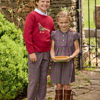 Little English traditional children's clothing. Olive, maroon, and blue Thornhill Plaid pants with faux button front for boys