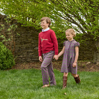 Little English traditional children's clothing. Olive, maroon, and blue Thornhill Plaid pants with faux button front for boys