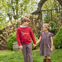 Little English traditional children's clothing. Capped sleeve dress in olive, maroon, and blue Thornhill Plaid with ruffled collar & placket for little girls
