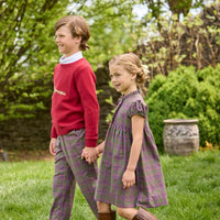 Little English traditional children's clothing. Olive, maroon, and blue Thornhill Plaid pants with faux button front for boys