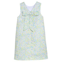 Little English traditional children's clothing. Aqua, green, and yellow floral sleeveless dress for girls