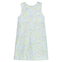Little English traditional children's clothing. Aqua, green, and yellow floral sleeveless dress for girls